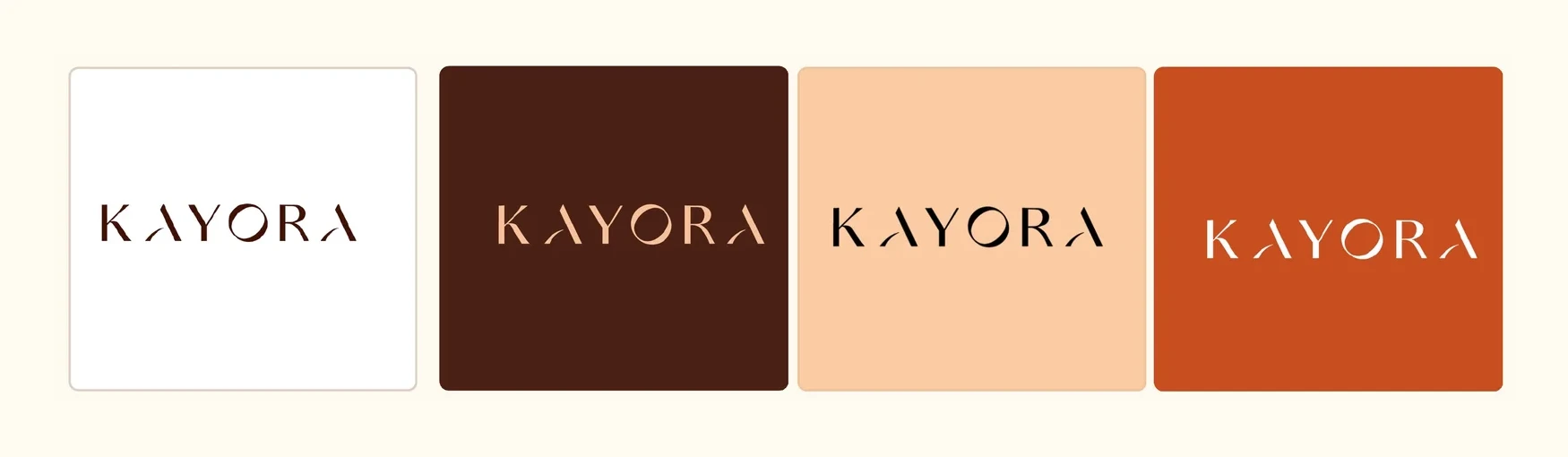 Le logo KAYORA sur fond blanc, chocolat, pêche et terracotta