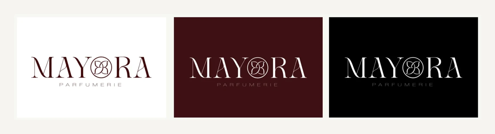Le logo MAYORA Parfumerie sur fond clair, bordeaux et noir