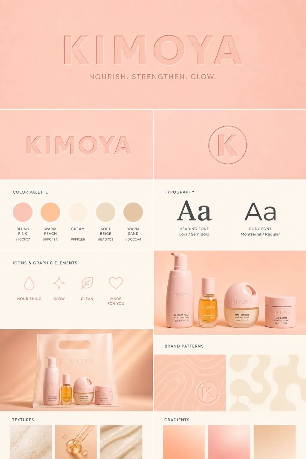 Planche d'identité Kimoya : logotype, palette et motifs